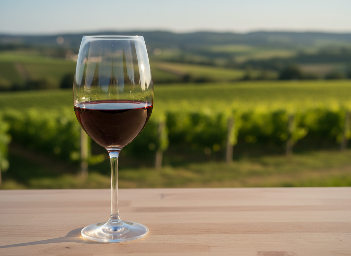 Uma taça de vinho tinto cristalina, com líquido rubi profundo formando pernas na parede do vidro, em destaque sobre uma mesa de madeira clara. Ao fundo, levemente desfocado, um vinhedo verde se estende até morros suaves sob céu azul de fim de tarde. A luz dourada da golden hour entra lateralmente, criando reflexos cintilantes no vinho e sombras suaves na mesa. A composição fotográfica é em regra dos terços, com profundidade de campo rasa para focar na textura do vinho. O clima é convidativo e lúdico, transmitindo prazer simples de apreciar um bom vinho.