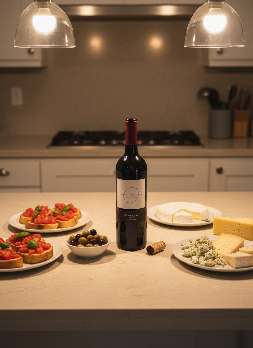 Uma garrafa de vinho tinto português com rótulo minimalista (sem texto legível), parcialmente aberta com a rolha ao lado, sobre uma bancada de pedra clara em uma cozinha moderna. Ao redor, pratos de petiscos coloridos: bruschettas, azeitonas, queijos, tudo disposto de forma harmoniosa. A iluminação é aconchegante, vinda de pendentes quentes sobre a bancada, criando reflexos discretos na garrafa e na bancada polida. A foto é em estilo realista, com composição horizontal ampla e foco nítido em toda a cena, transmitindo um clima de jantar descontraído e brincalhão entre amigos, sem mostrar pessoas.