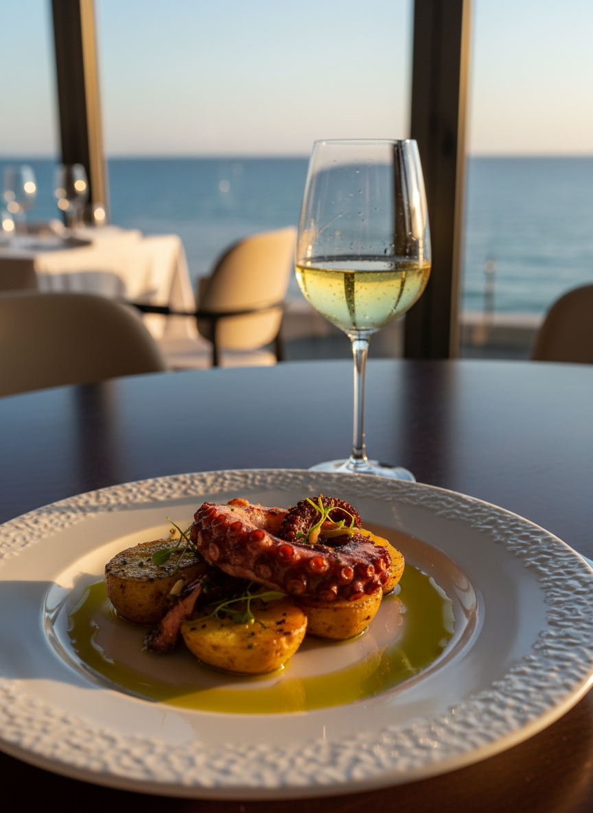 Um prato gourmet de polvo grelhado com batatas ao murro e azeite brilhante, harmonizado com uma taça de vinho verde delicadamente espumante, servido em um restaurante elegante à beira-mar em Portugal. Ao fundo, através de uma janela ampla, vê-se o mar e um pôr do sol alaranjado que tinge o céu. A luz natural entra frontalmente, realçando as cores vivas do prato e o brilho das bolhas no vinho. Composição em close médio, com foco na combinação vinho e gastronomia, fundo suavemente desfocado. A atmosfera é sofisticada, mas leve e divertida, perfeita para um blog sobre vinho e comida.